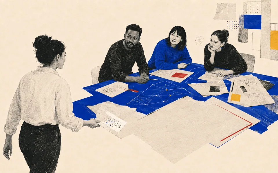 Collage éditorial : des personnes, des idées et des documents en relation.
