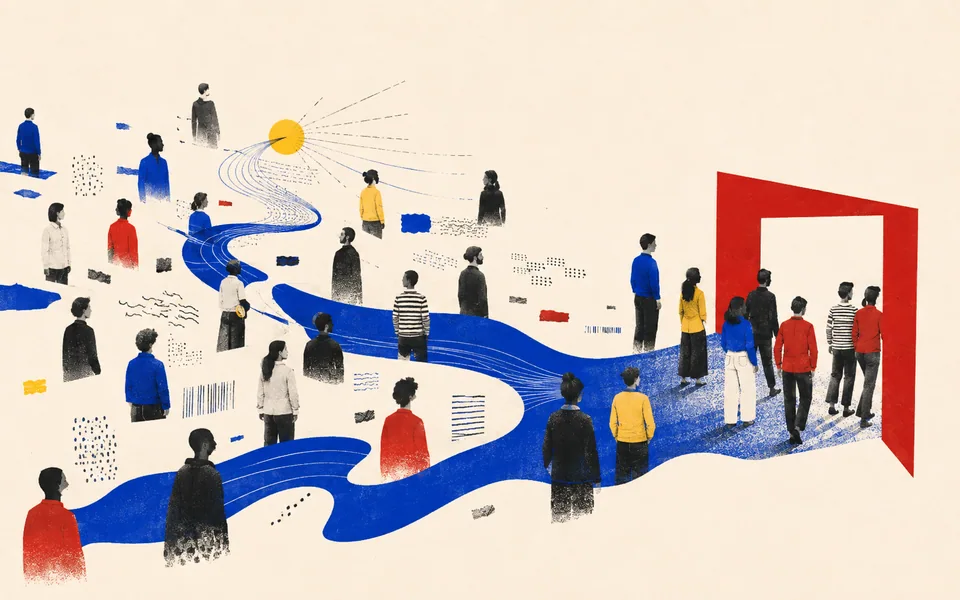 Collage illustré de personnes reliées par des chemins bleus vers une ouverture rouge.
