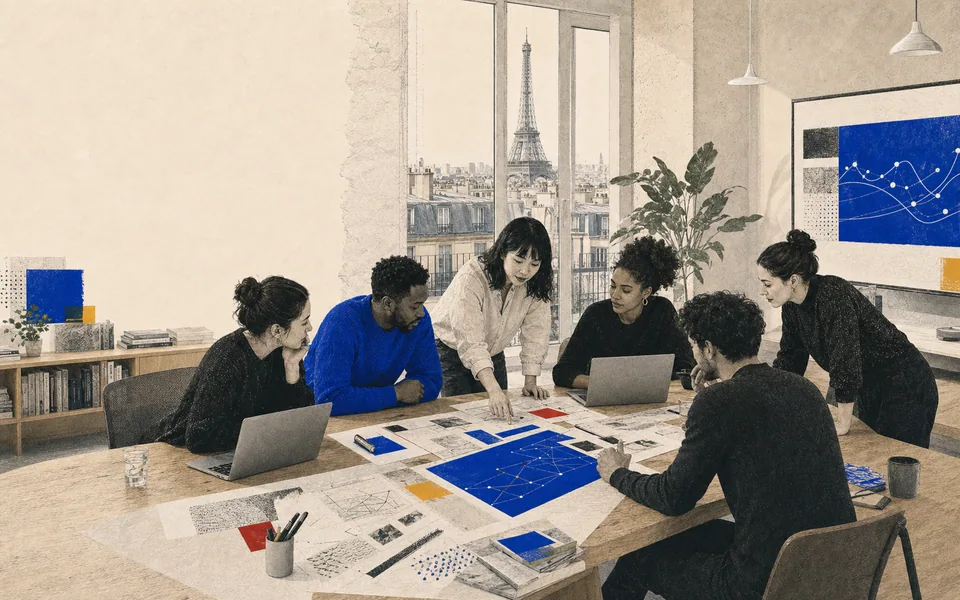Notre équipe à Paris, réunie autour de documents de campagne.