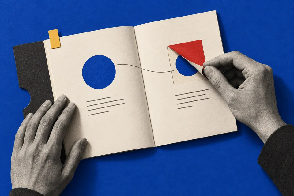Deux mains examinent les pages d’un dossier parmi des papiers bleus, rouges et jaunes.